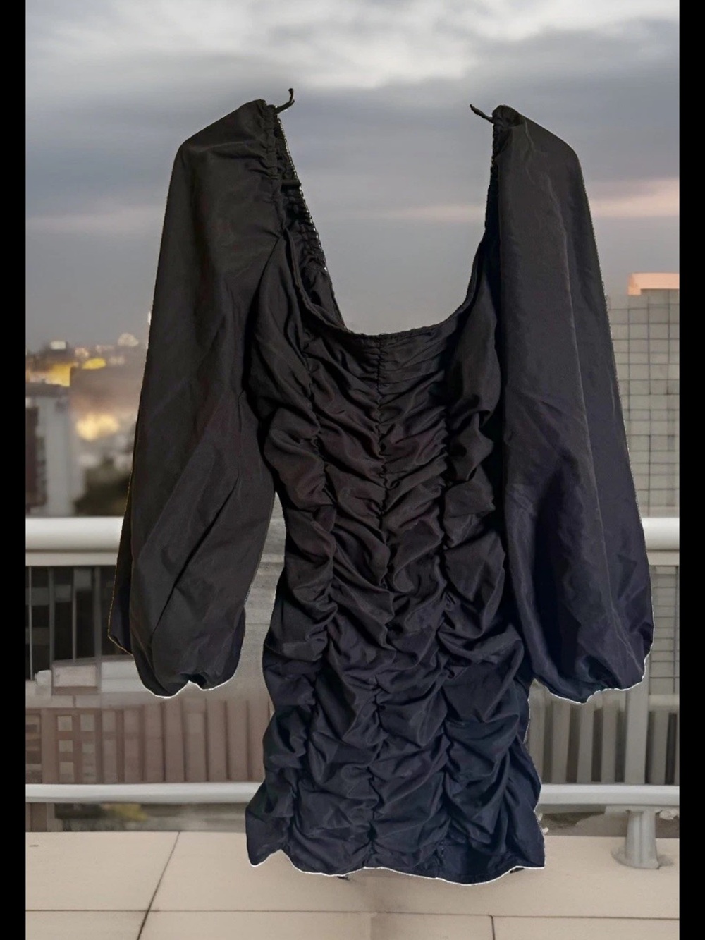 PrettyLittleThing Black Ruched Puff Long Sleeve Square Neck Mini Dress Size US 8